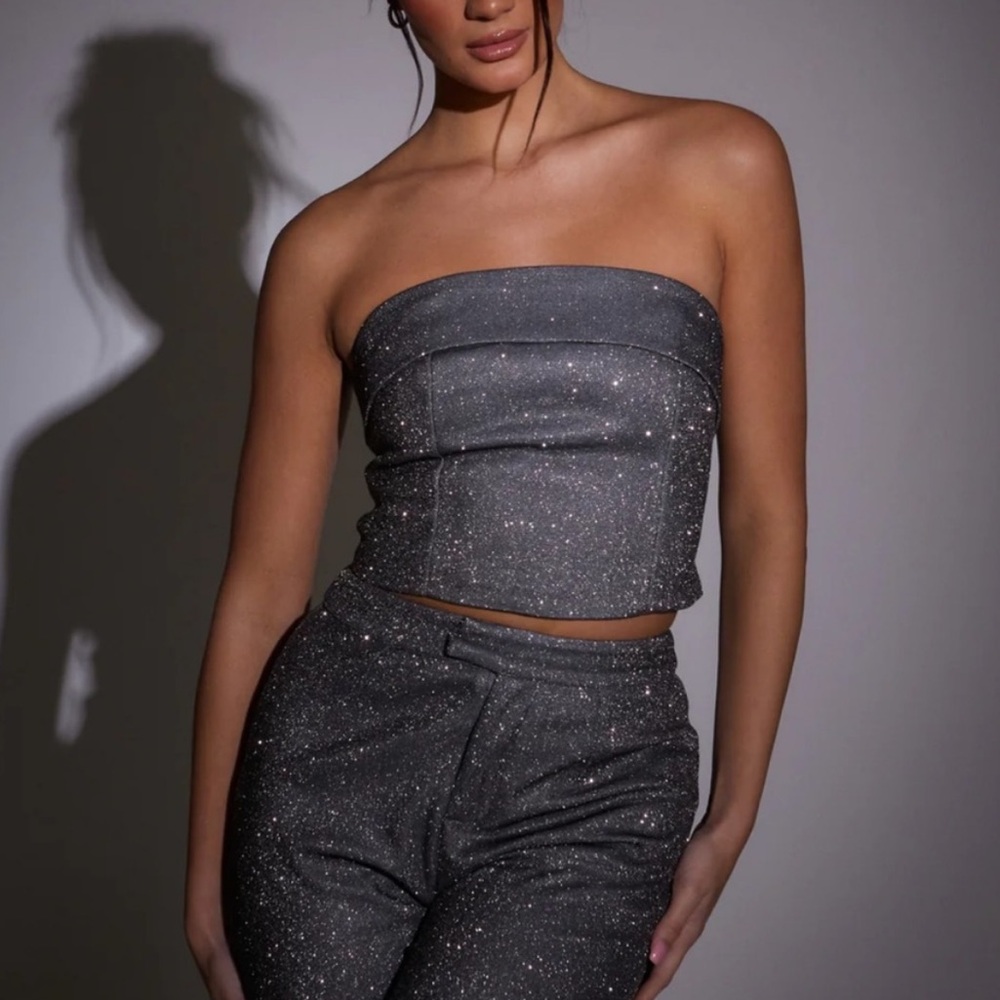 SLA The Label Metallic Grey Glitter Aries Cropped Strapless Sexy Top NWT Size‎ 0